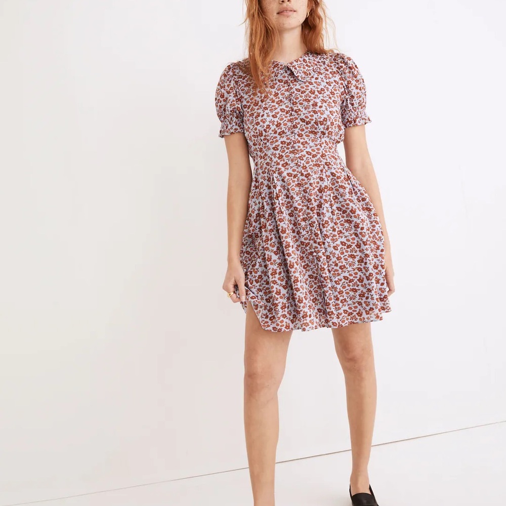 Madewell Dress Womens Size 2 Blue Piccola Floral Puff Sleeve Mini Button Front